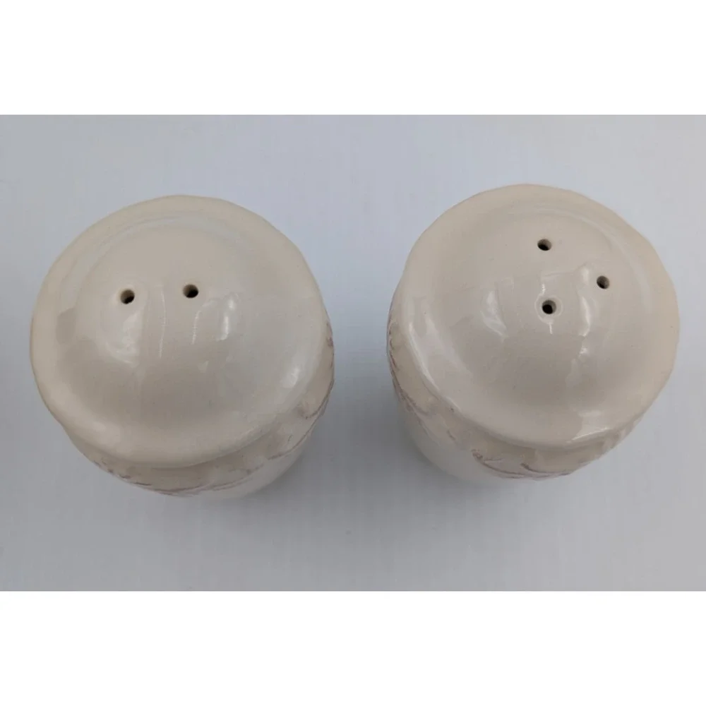 Chris Madden Corvella Ivory Salt Pepper Shaker Set Metal Stand Embossed Scrolls